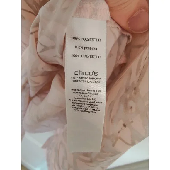 Chico's Peach Gray Satin Abstract Butterfly LS Roll-Tab Button-Up Top 2 (L/12) - Picture 9 of 9